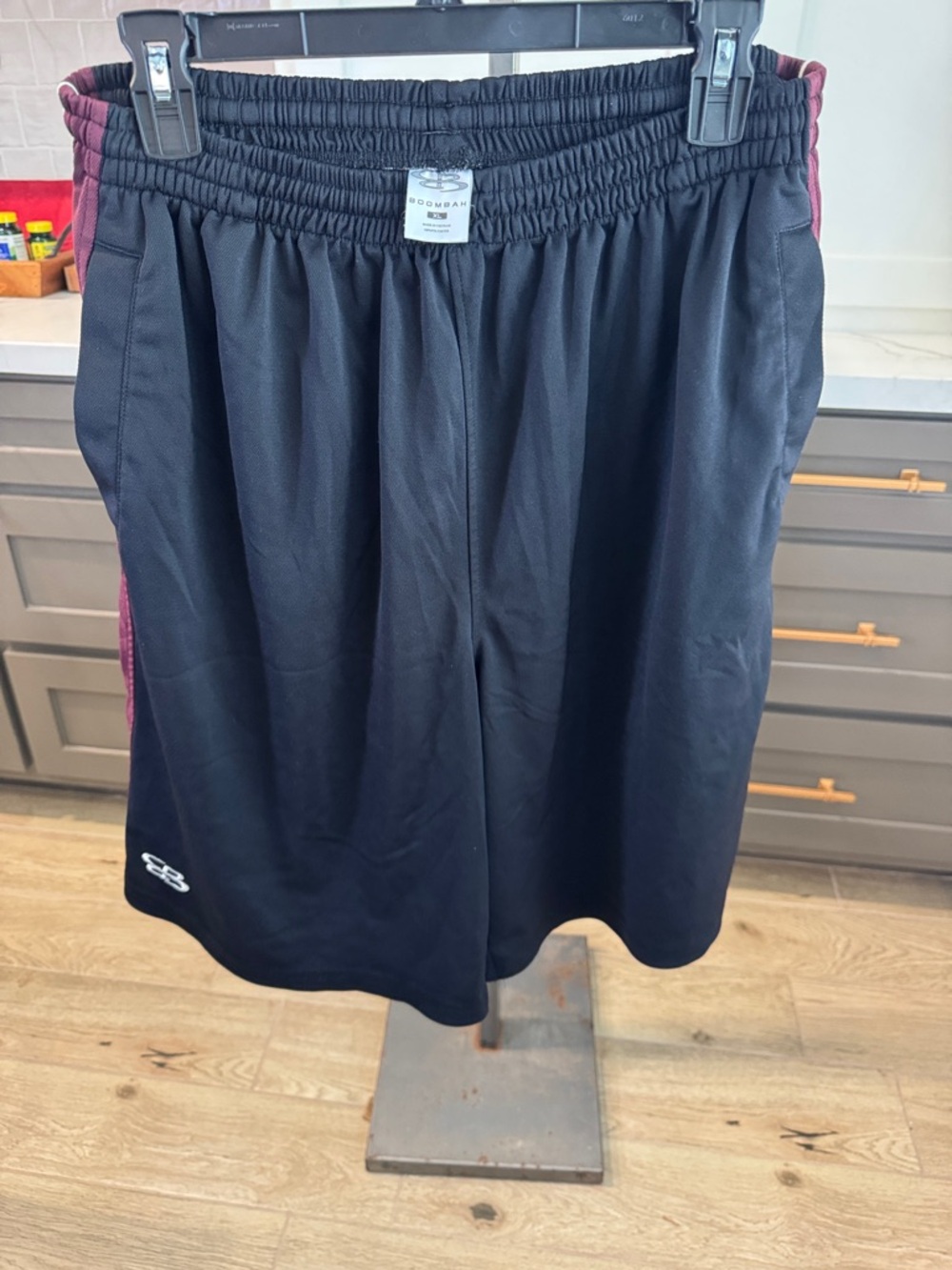 Boombah - Men's Black and Maroon Accented Athletic Shorts with Elastic Waistband